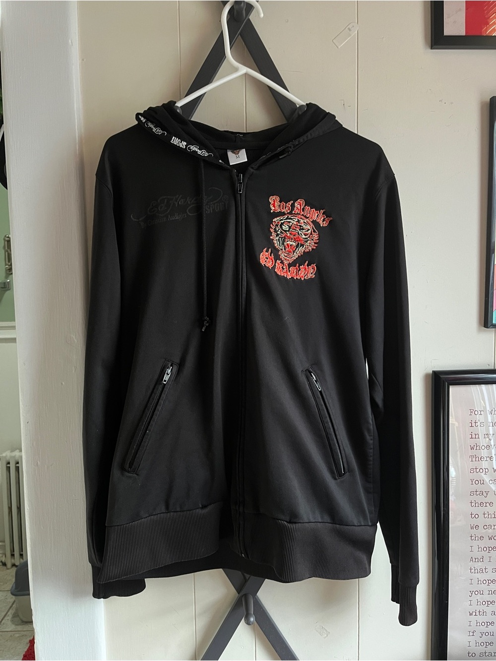 Vintage Ed Hardy Black Zip Hoodie with Red Graphic Chest Emblem